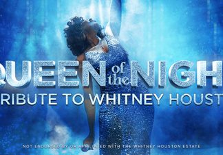 Silhouette of actress as Whitney Houston in a sequined dress.