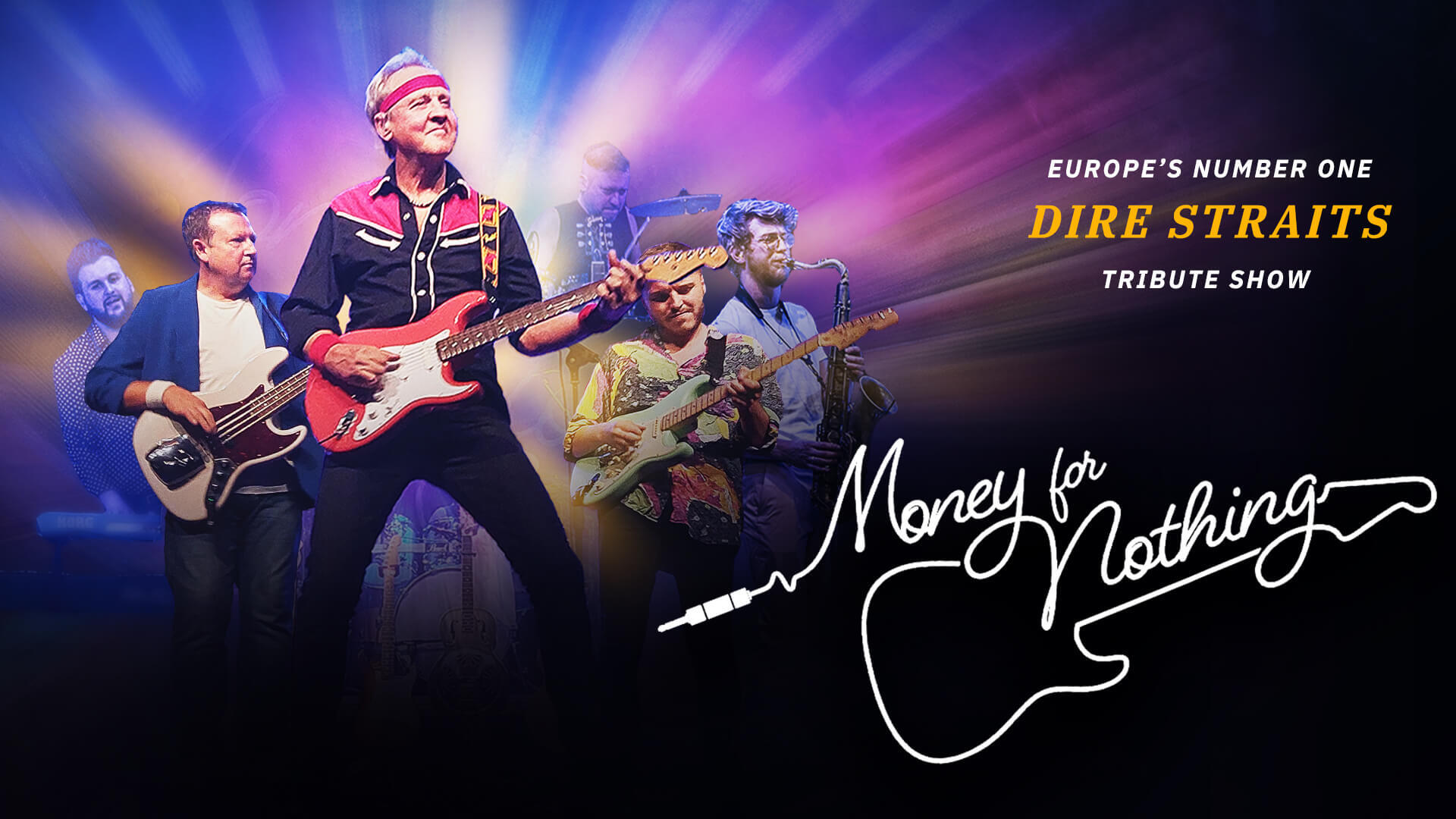 Members of the band in formation with show logo beside them.