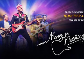 Members of the band in formation with show logo beside them.