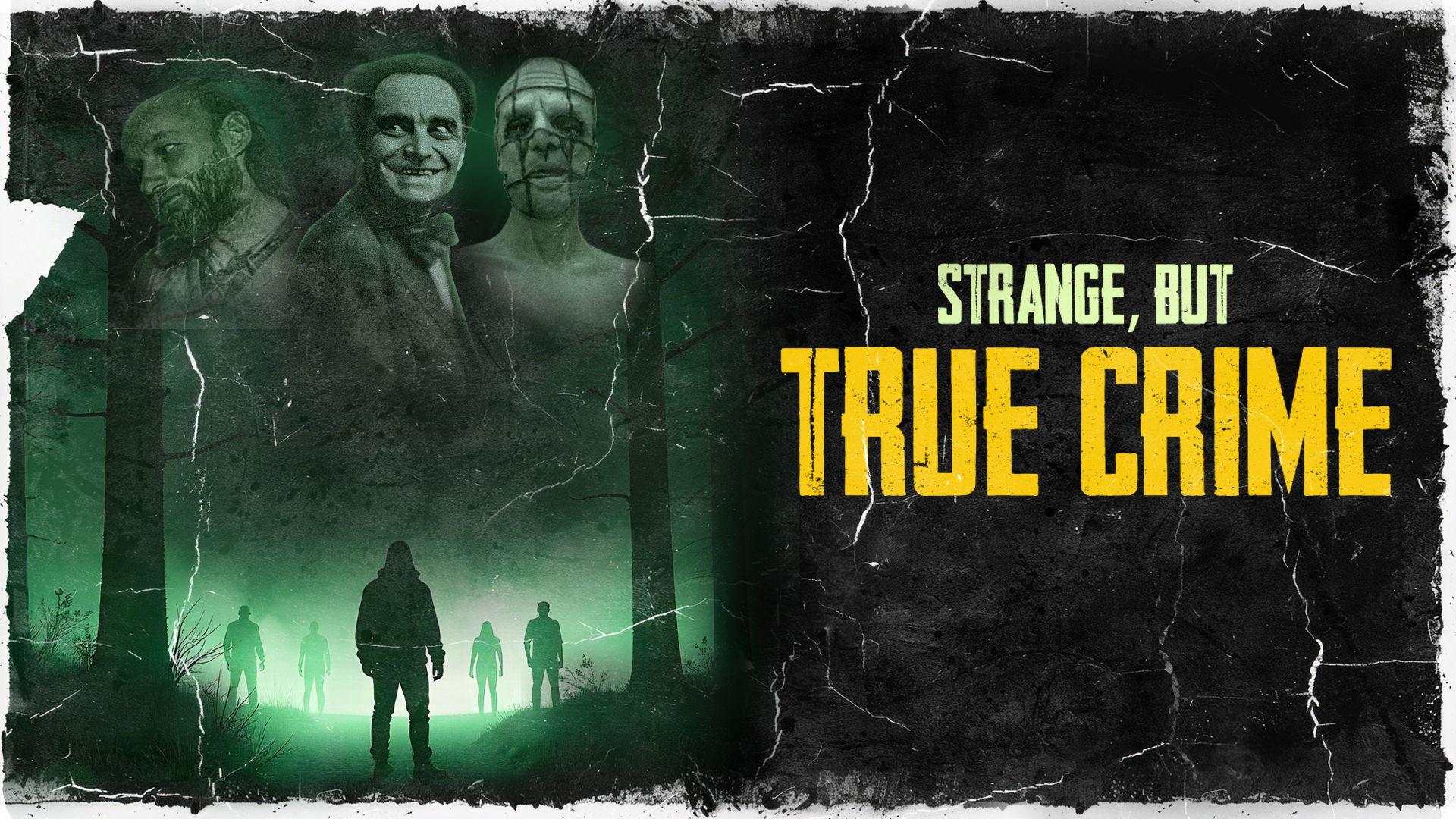 Title treatment on ripped paper with a silhouette of a person looking at three faces.