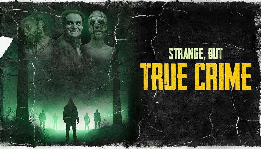 Title treatment on ripped paper with a silhouette of a person looking at three faces.