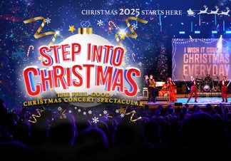 Title treatment sits along side a stage with four people on it as an audience watches them.