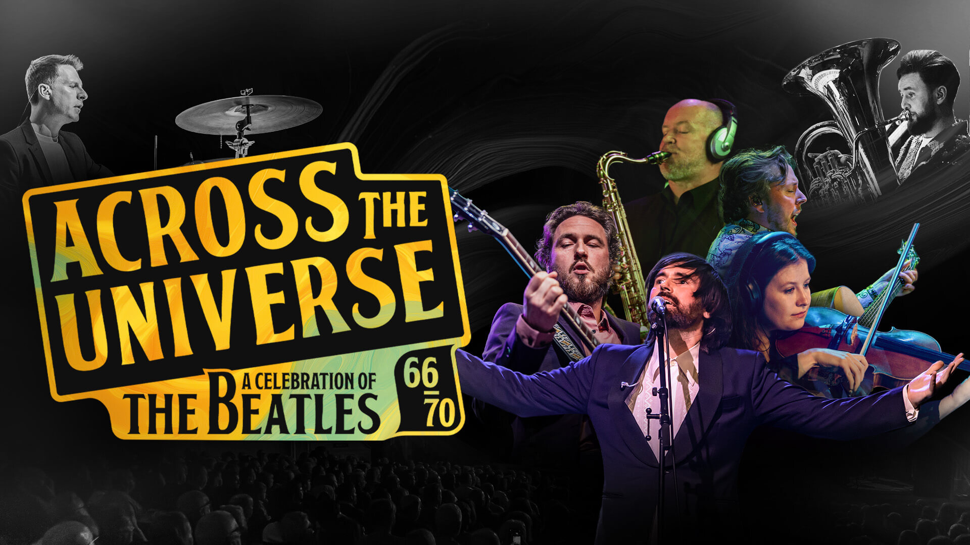 Seven orchestra members playing instruments.