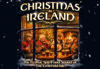 Window frame with snow on it, looking into a living room with a family by a fire.