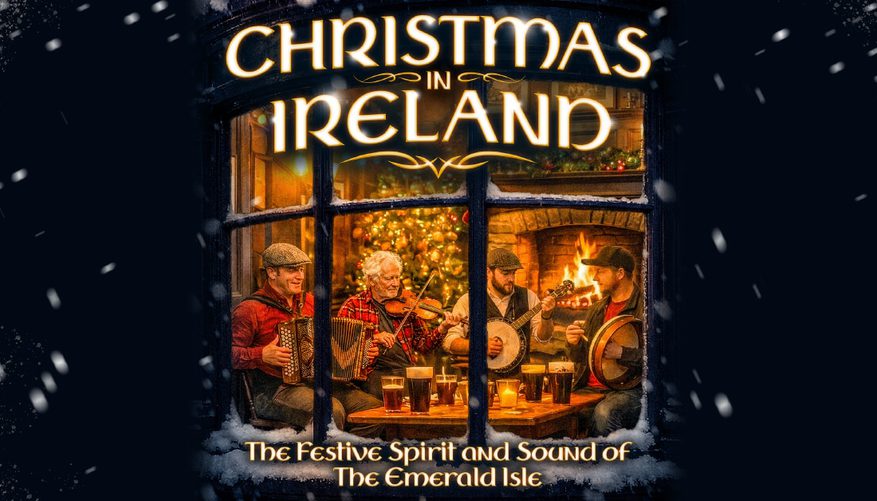 Window frame with snow on it, looking into a living room with a family by a fire.