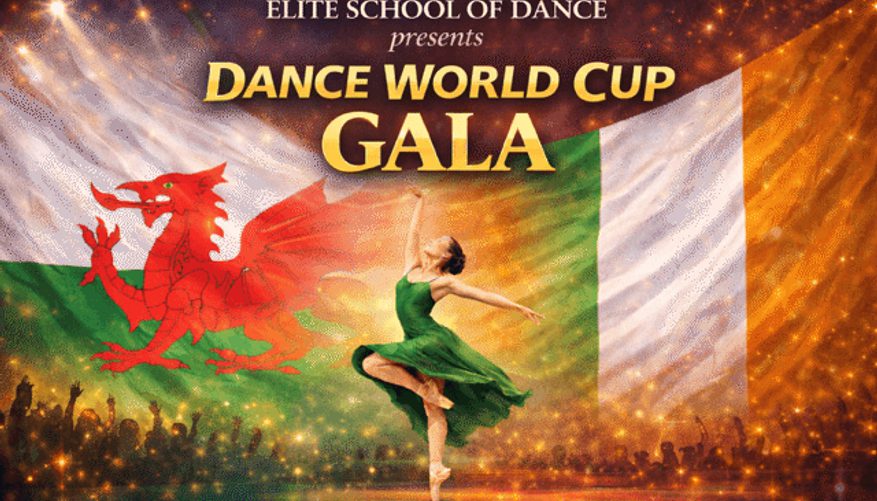 Female in green dress on stage with Welsh and Irish flags behind her.