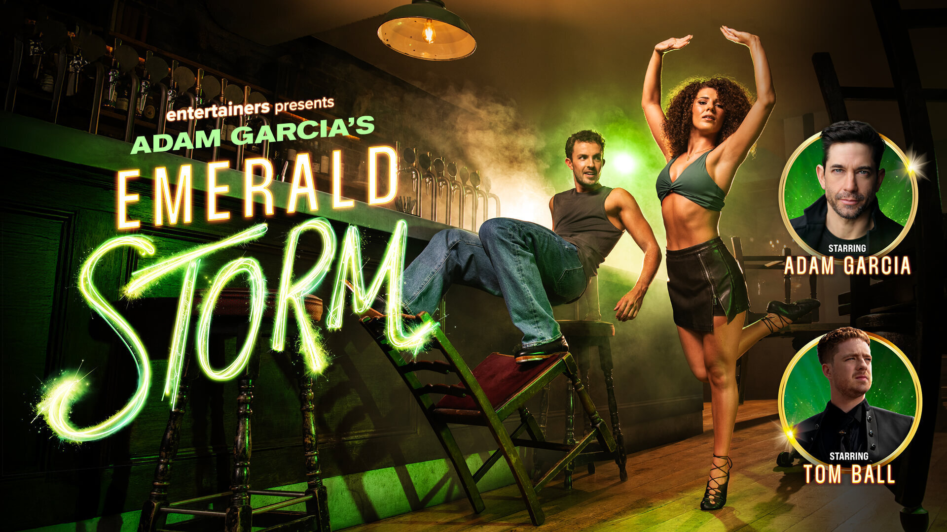 Two dancers in a bar setting beside title treatment.
