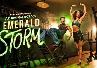 Two dancers in a bar setting beside title treatment.