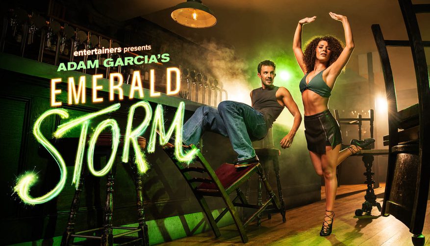 Two dancers in a bar setting beside title treatment.