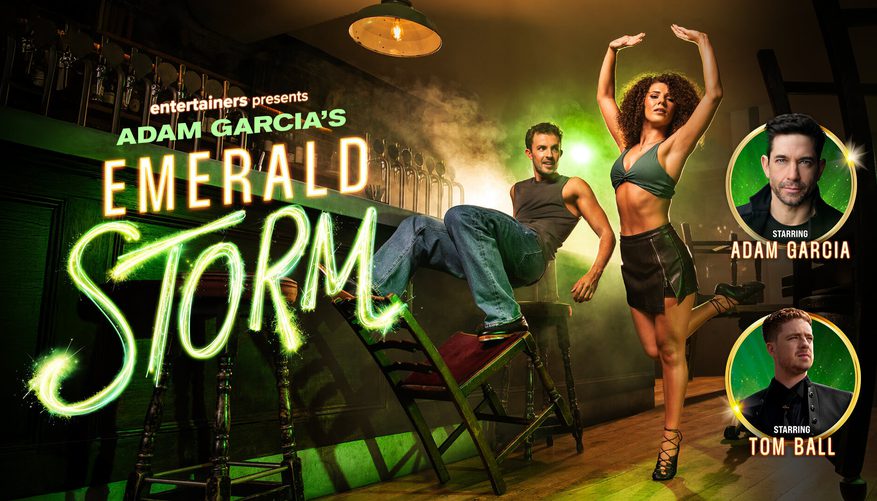 Two dancers in a bar setting beside title treatment.