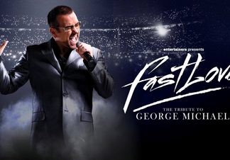 Singer appearing as George Michael next to title treatment.