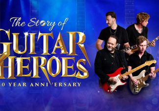 Four me with guitars next to title treatment.