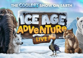 A mammoth, dodo, sabre-toothed tiger and a polar bear standing in the snow.