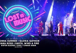 Title treatment to the left with a group of performers on stage to the right.