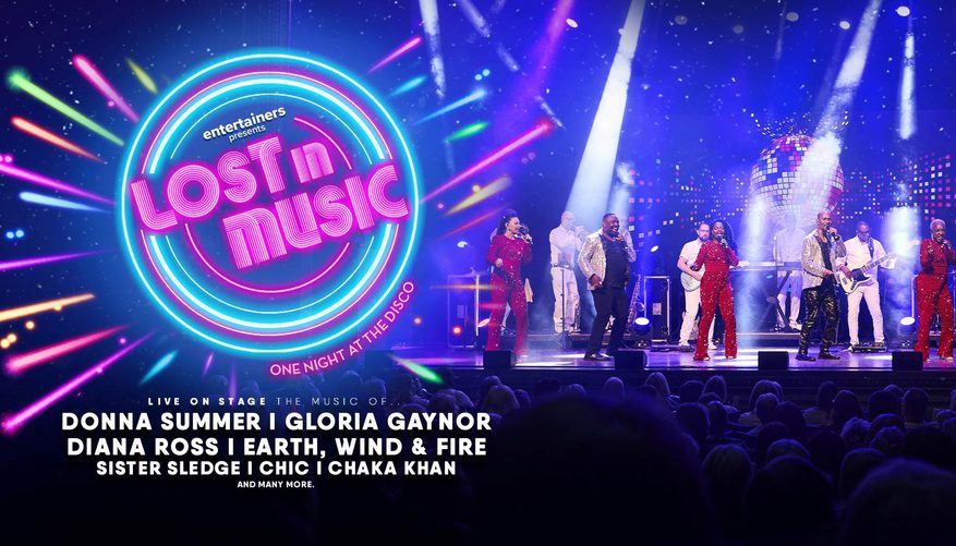 Title treatment to the left with a group of performers on stage to the right.