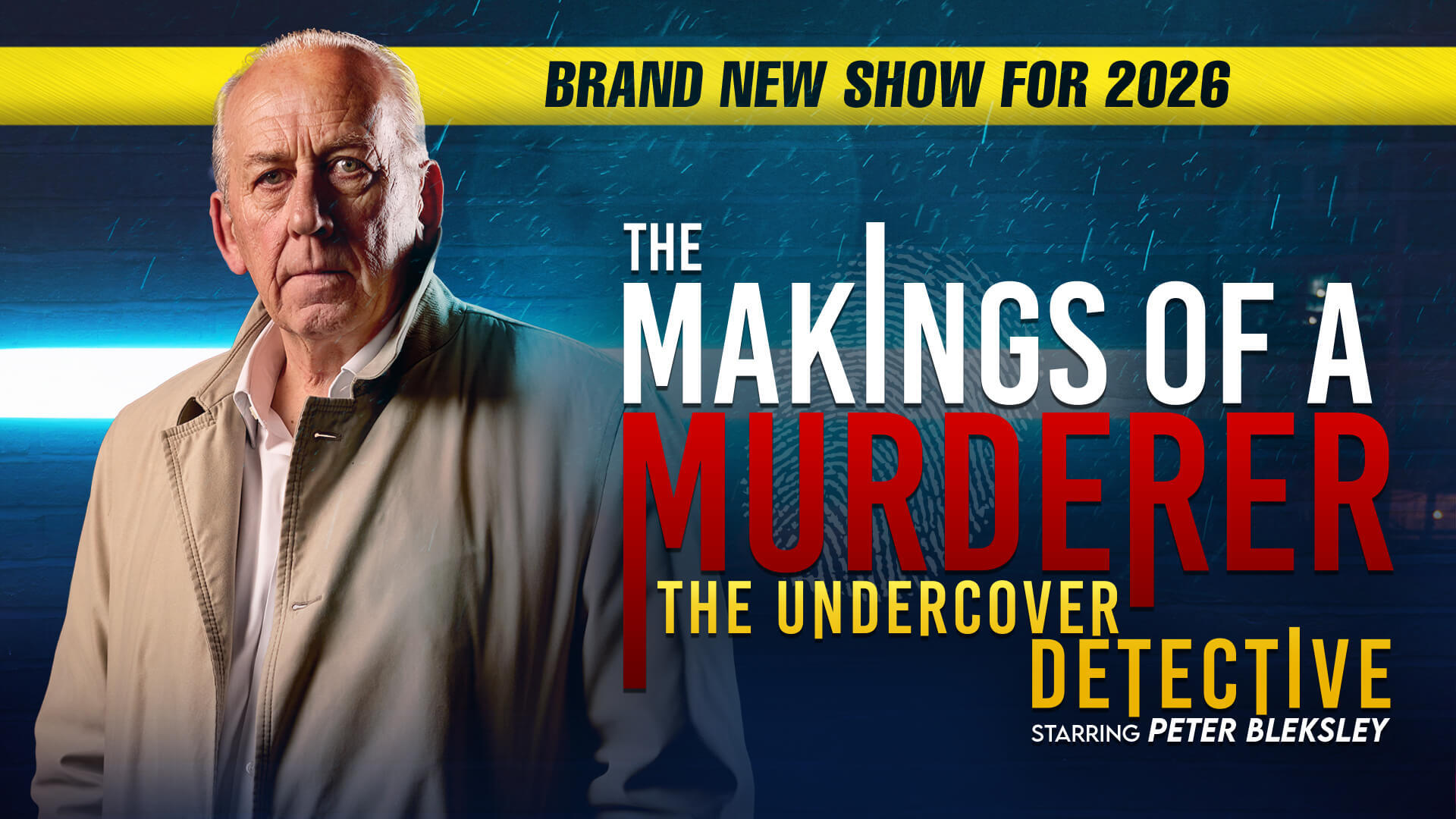 Man in beige coat stood next to title treatment.