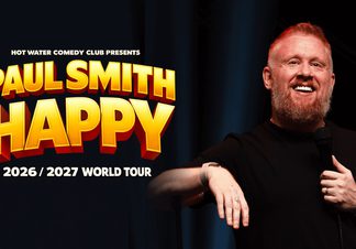 Person wearing a black turtle neck jumper stood beside the show's title, 'Paul Smith - Happy' in yellow text.