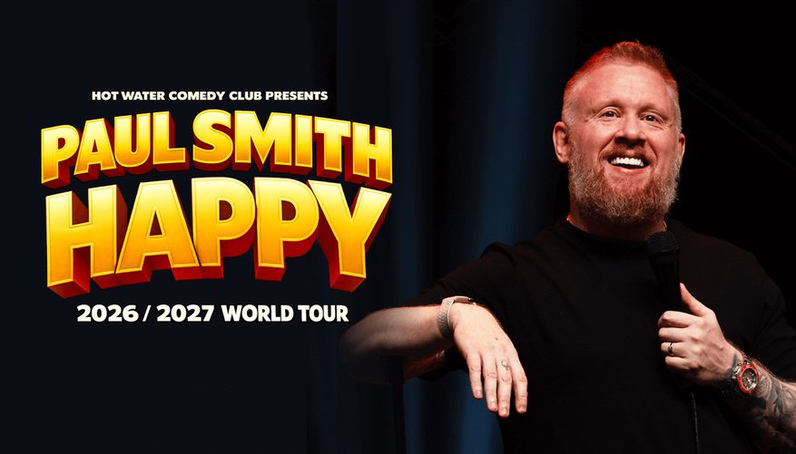 Person wearing a black turtle neck jumper stood beside the show's title, 'Paul Smith - Happy' in yellow text.