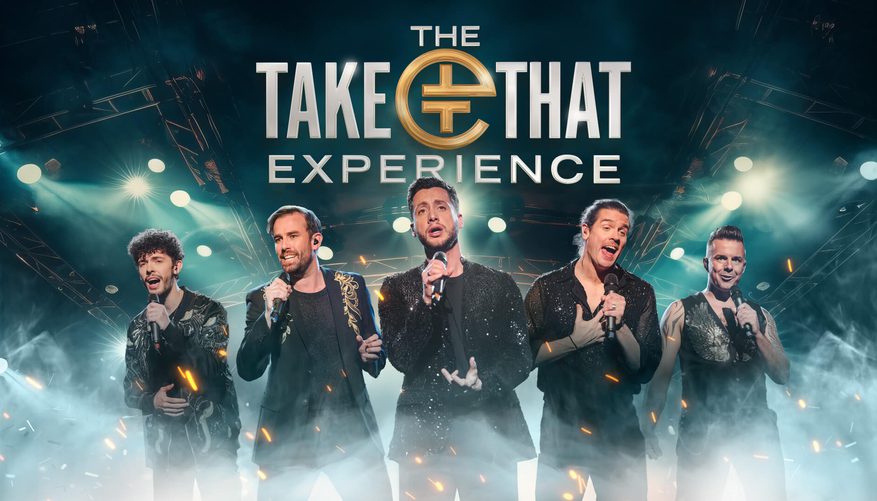 All five band members singing with smoke and bright lights.