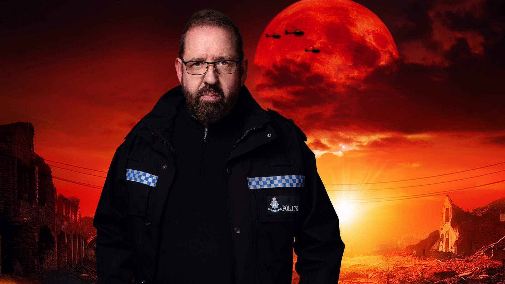 Man in police uniform looking towards camera with dystopian scene behind him.