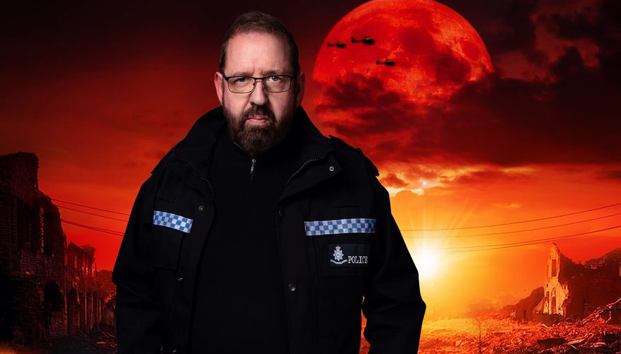 Man in police uniform looking towards camera with dystopian scene behind him.