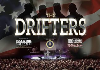 The Drifters logo with a silhouette of four people and an American flag behind it.