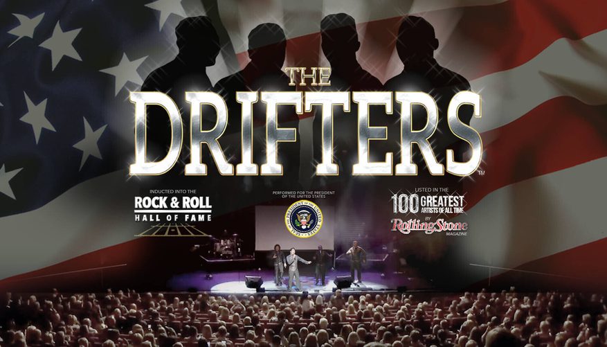 The Drifters logo with a silhouette of four people and an American flag behind it.
