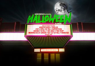 Outdoors of an old cinema building with show title.