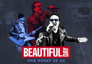 Lead singer performing with a microphone and band members playing instruments.