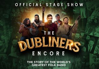 Five bearded male musicians playing instruments (banjo, guitar, and violin) against a green collage background, with the tagline ‘The story of the world’s greatest folk band.’
