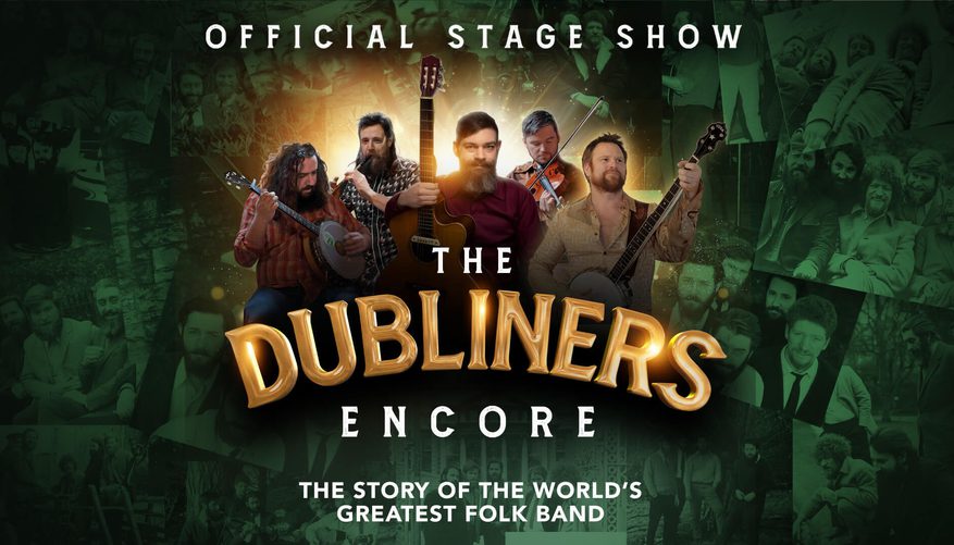 Five bearded male musicians playing instruments (banjo, guitar, and violin) against a green collage background, with the tagline ‘The story of the world’s greatest folk band.’